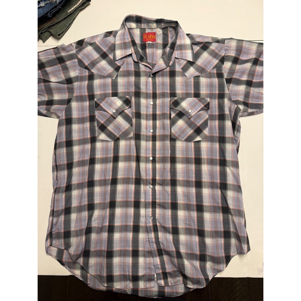 Ely Plains Mens Plaid Western Pearl Snap Shirt Grey Black Orange Short Sleeve L